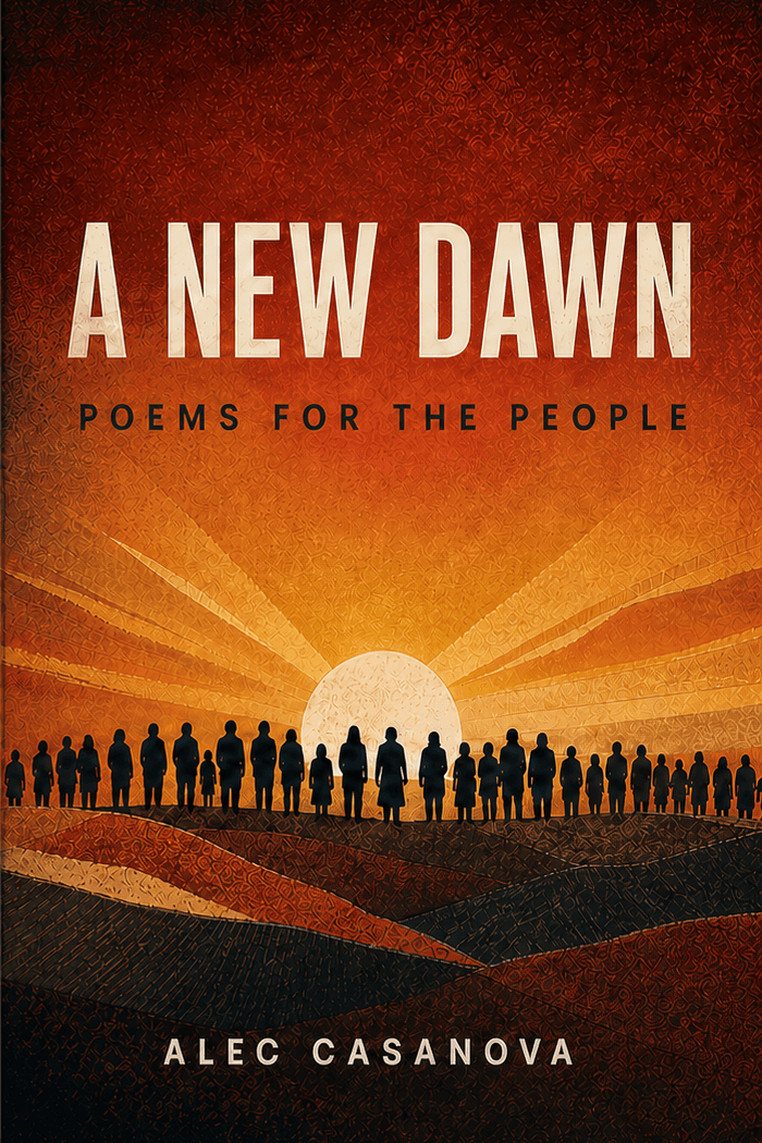 Front cover of A New Dawn: Poems for the People by Alec Casanova. A long line of ordinary people stands in silhouette on a ridge, facing a sun rising through burnt orange hills.